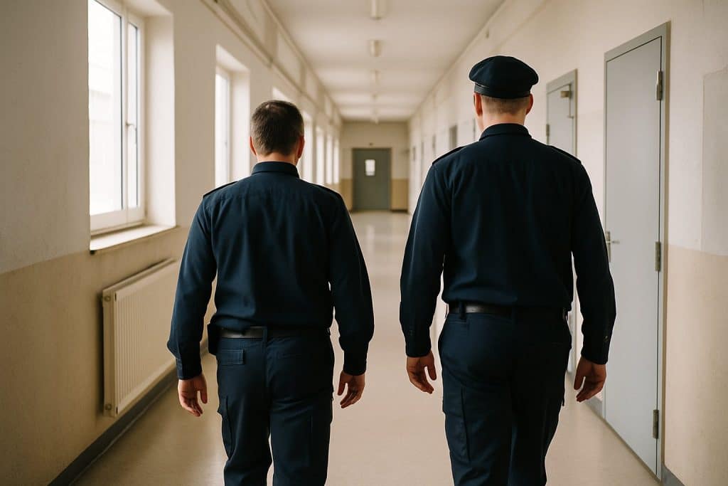 Zwei Justizvollzugsbedienstete gehen von hinten gesehen einen hellen, leeren Flur einer Justizvollzugsanstalt entlang