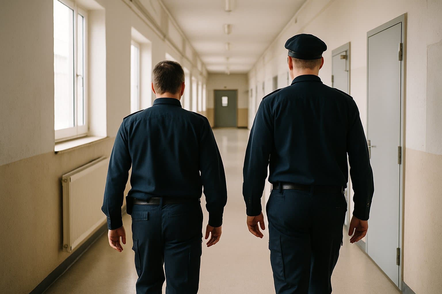 Zwei Justizvollzugsbedienstete gehen von hinten gesehen einen hellen, leeren Flur einer Justizvollzugsanstalt entlang